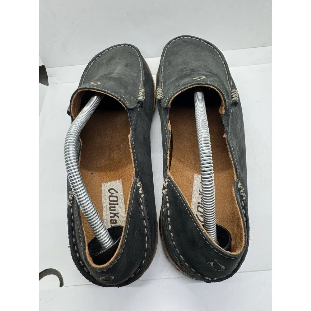 OLUKAI Moloa Leather Nubuck Mens Size 10.5 Black Slip On Shoes 10128 4033